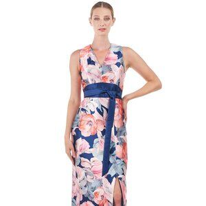NWT Kay Unger Calla Column Floral Marine Blue Long Sleeveless Gown Size 4